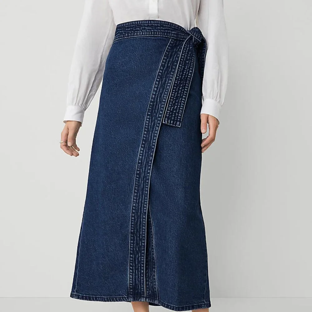 Denim Wrap Maxi Skirt Vintage Dark Wash - Picture 2 of 3